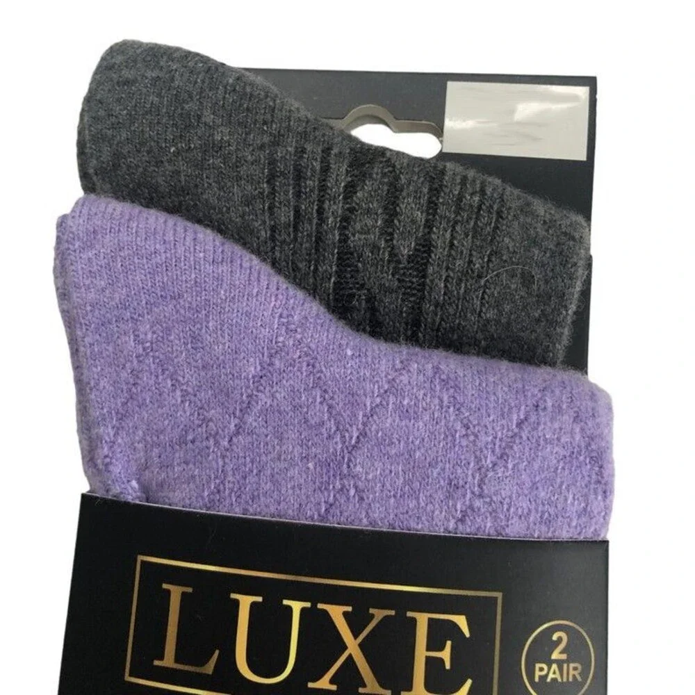Luxe Cashmere Wool Blend Ladies Socks Diamond Pattern Purple Cable Gray 2 Pair